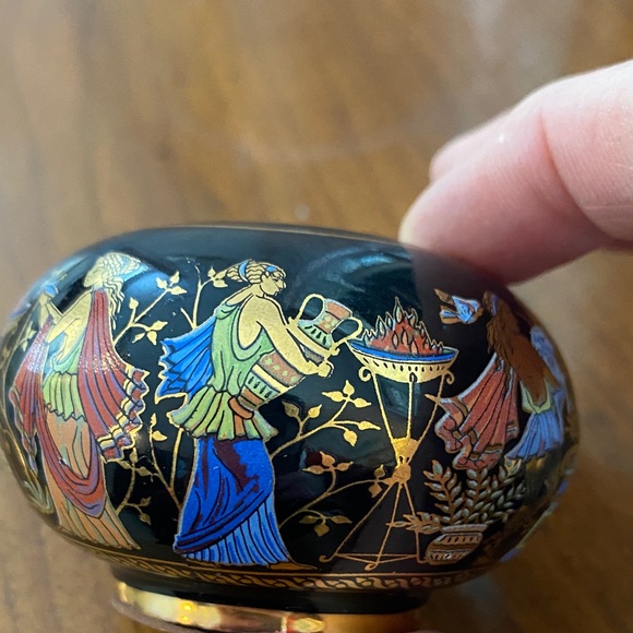 Greek mythology 24k trim Vintage Black and Gold Accent Jar with Colorful Motifs - Picture 5 of 11